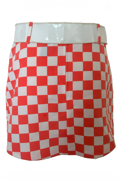 Back view of 1990s does 1960s vintage Mod orange and white checkered micro mini skirt with white belt by Gozzi, small to medium.