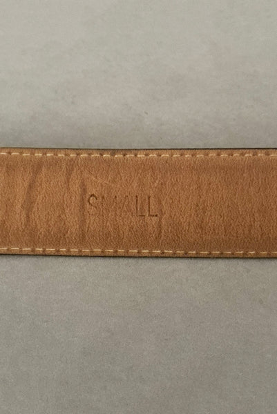 Interior detail view of 1990s vintage black leather and gold chain buckle designer belt by Ellen Tracy, size extra small to small. Showing the size small stamp.