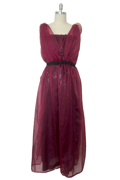 Front view of 1990s vintage burgundy organza and black sequin Grecian fantasy gown costume, medium to large. Shown without belt to show the elastic waist.