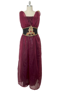 Front view of 1990s vintage burgundy organza and black sequin Grecian fantasy gown costume, medium to large.