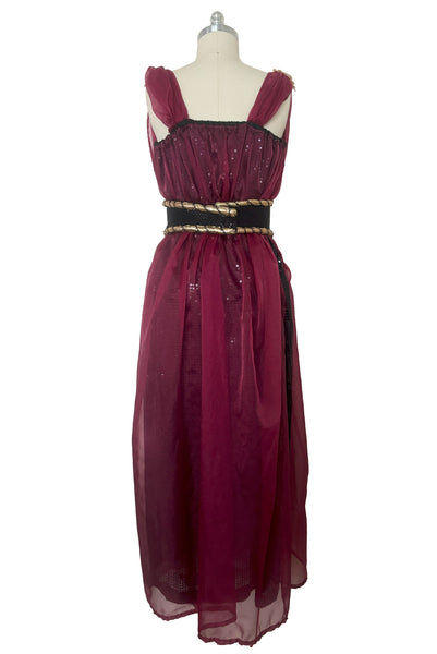 Back view of 1990s vintage burgundy organza and black sequin Grecian fantasy gown costume, medium to large.