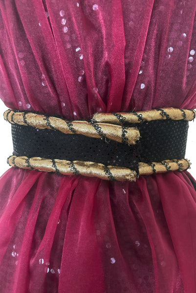 Back detail view of 1990s vintage burgundy organza and black sequin Grecian fantasy gown costume, medium to large. Showing the wide black and gold belt with Velcro closure.