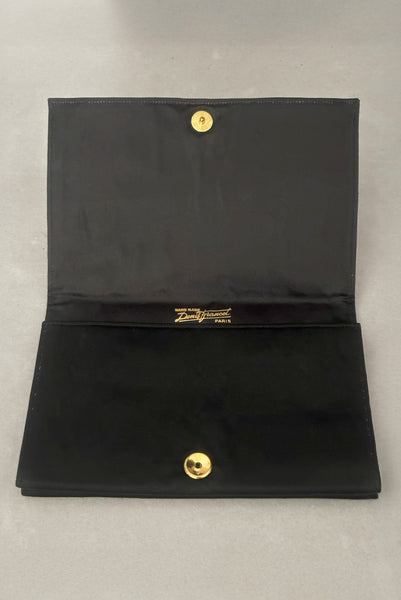 Vertical interior view of 1930s vintage black satin clutch with pink, blue, green, purple, and gold floral chainstitch embroidered clutch by Denis Francet.