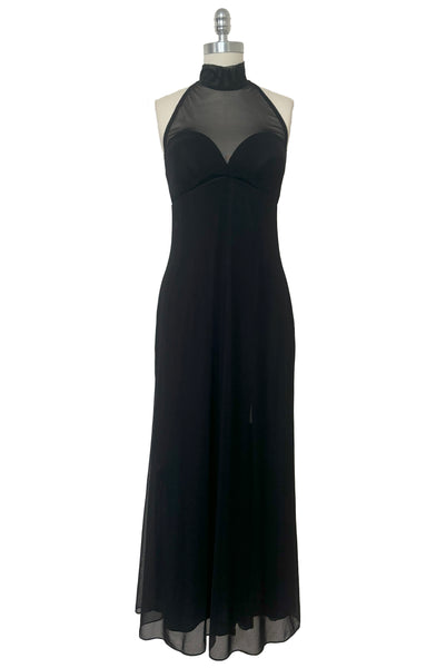 Front view of 1990s vintage Tadashi mockneck black mesh maxi length evening dress, small to medium.