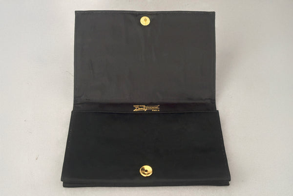 Horizontal interior view of 1930s vintage black satin clutch with pink, blue, green, purple, and gold floral chainstitch embroidered clutch by Denis Francet.