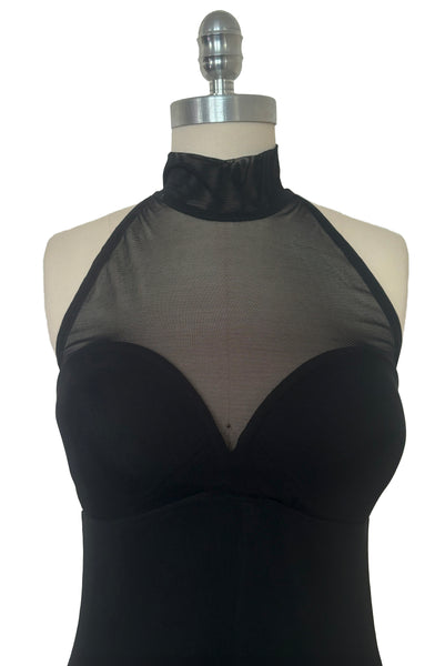 Bodice front view of 1990s vintage Tadashi mockneck black mesh maxi length evening dress, small to medium.