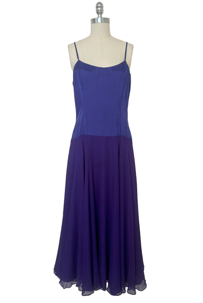 Front view of 1980s vintage beaded purple silk & rayon blouse and drop waist dress Set by Nite Line, small to medium.