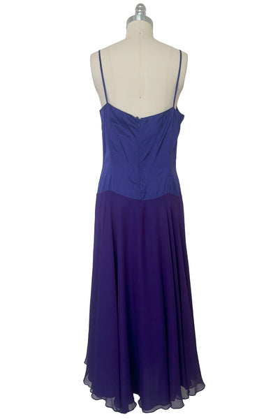 Back dress view of 1980s vintage beaded purple silk & rayon blouse and drop waist dress Set by Nite Line, small to medium.