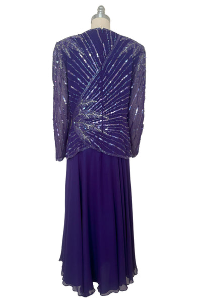 Back view of 1980s vintage beaded purple silk & rayon blouse and drop waist dress Set by Nite Line, small to medium.
