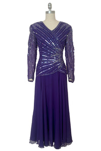 Front view of 1980s vintage beaded purple silk & rayon blouse and drop waist dress Set by Nite Line, small to medium.