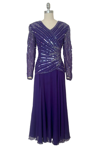 Front view of 1980s vintage beaded purple silk & rayon blouse and drop waist dress Set by Nite Line, small to medium.