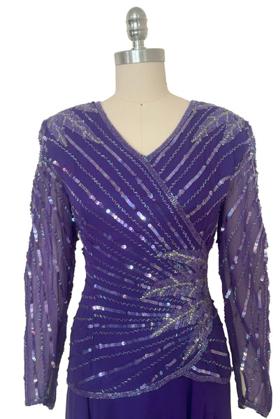 Bodice front view of 1980s vintage beaded purple silk & rayon blouse and drop waist dress Set by Nite Line, small to medium.