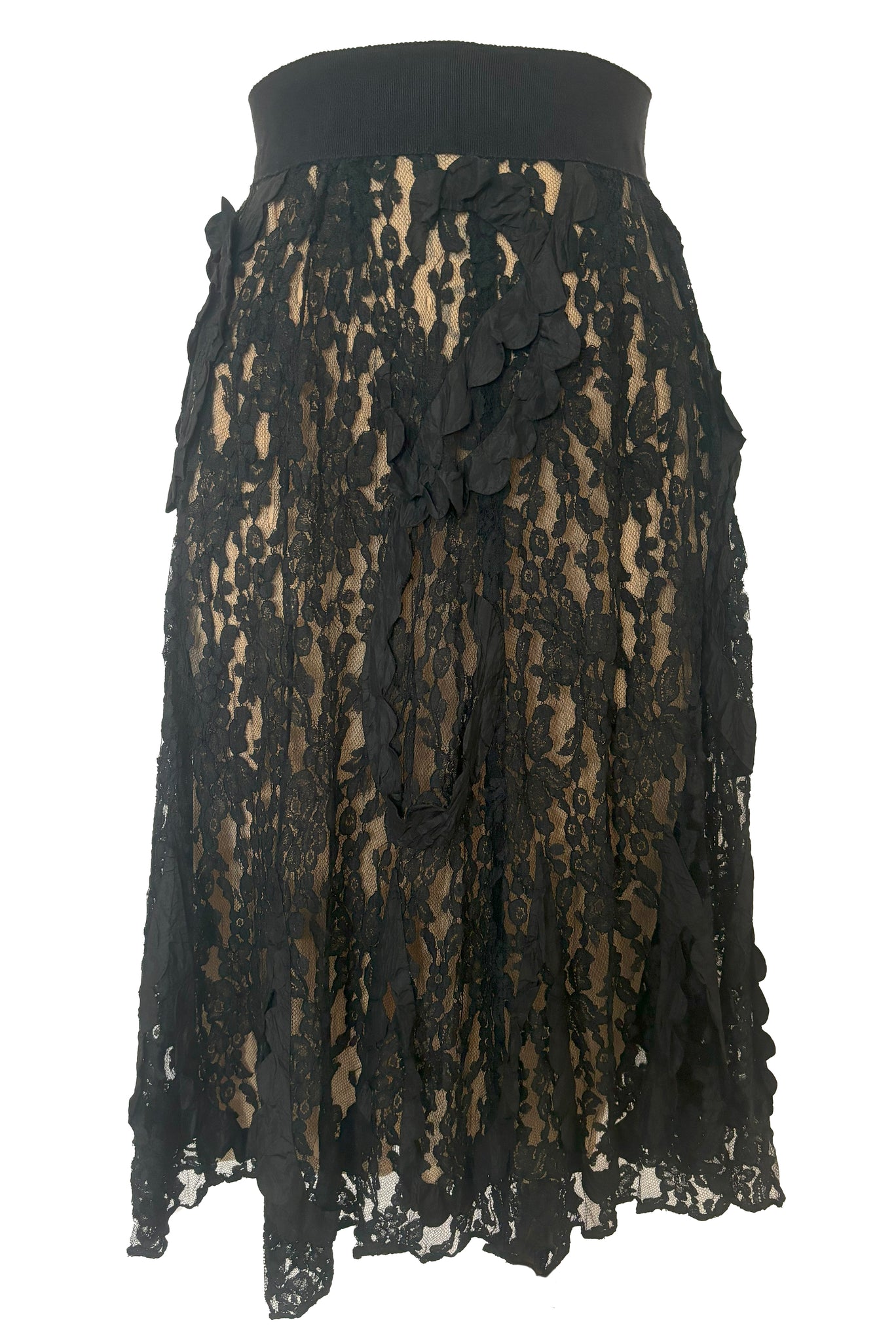 Front view of 1990s vintage goth sheer black lace and taffeta nude look skirt, medium to large.