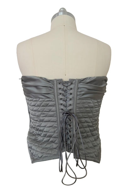 Back view of 1990s vintage silver gray quilted satin corset/bustier by John Festa, medium to large. New with tags.