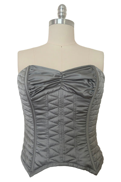 Front view of 1990s vintage silver gray quilted satin corset/bustier by John Festa, medium to large. New with tags.