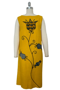 1960s Vintage Floral Applique Mustard Yellow Silk Sheath Dress by Crazy Horse, Small to Medium