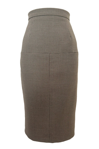 Front view of 1990s brown, green, and white wool houndstooth pegged pencil skirt with inseam pockets by Chaiken and Capone, small to medium.