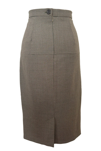 Back view of 1990s brown, green, and white wool houndstooth pegged pencil skirt with inseam pockets by Chaiken and Capone, small to medium.