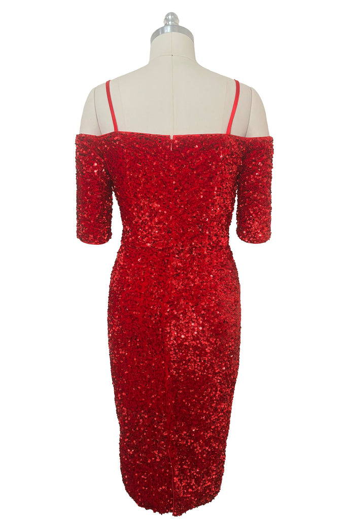 red sequin dress knee length Lands End A-Line Dress Size S/P 6-8 Red Sequin Neck Stretch Knee Length Sleevele