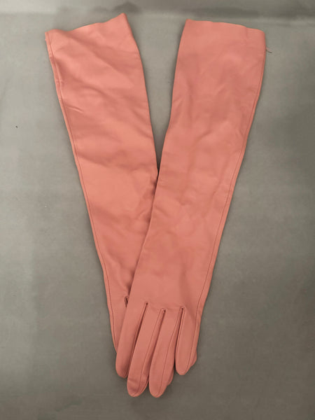 Vertical pair view of 2000s y2k vintage pink leather unlined opera gloves with snap wrists, by J.Crew, size L.