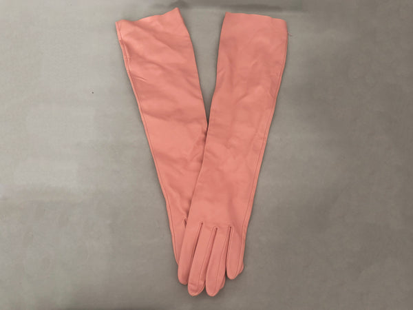 Horizontal pair view of 2000s y2k vintage pink leather unlined opera gloves with snap wrists, by J.Crew, size L.