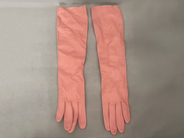 Horizontal front view of 2000s y2k vintage pink leather unlined opera gloves with snap wrists, by J.Crew, size L.