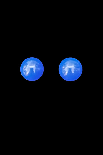 Vertical front view of 1980s vintage bright blue Lucite gumball stud pierced earrings.