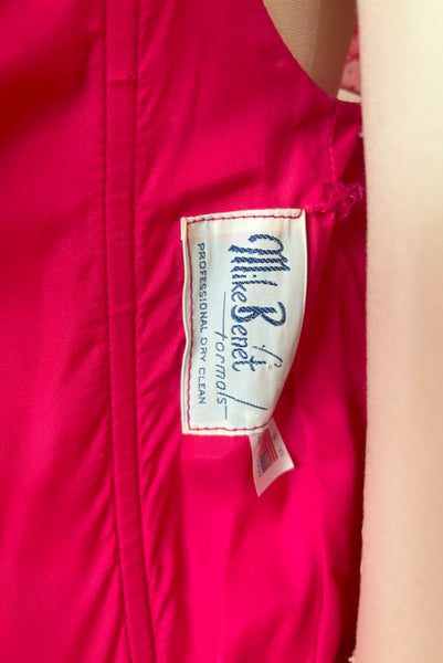 Interior detail view of 1960s vintage hot pink iridescent glitter organza ruffled evening dress by Mike Benet, size extra extra small to extra small. Showing the Mike Benet label and made in the USA tag.