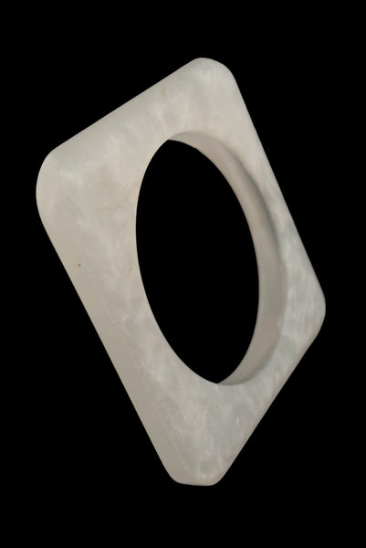 Vertical square single bangle perspective view of 1980s vintage white matte frosted translucent marbled Lucite square bangle bracelet set of two (2).