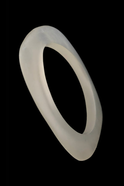 Vertical rounded single bangle perspective view of 1980s vintage white matte frosted translucent marbled Lucite square bangle bracelet set of two (2).