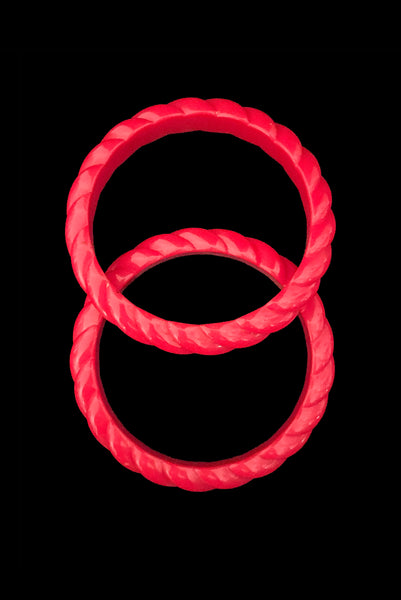Vertical bottom view of 1980s vintage red rope plastic bangle bracelet set of two (2).