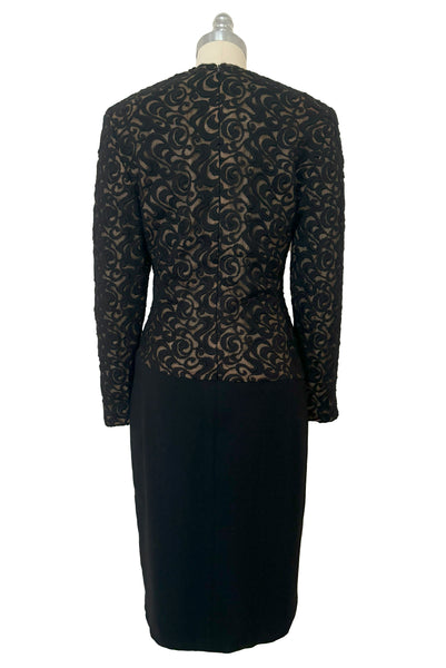 Back view of 1990s vintage Balmain Ivoire long sleeve nude look black wool lace cocktail dress with draped wool crepe skirt, small to medium.