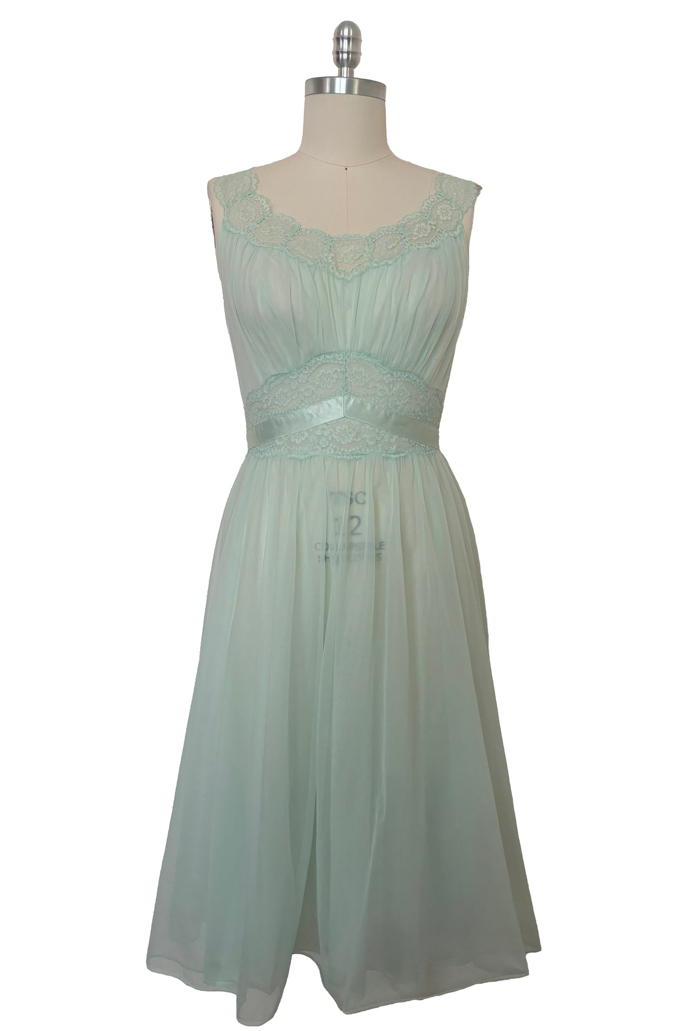 Front view of 1940s vintage pale aqua blue lace, nylon, and satin ribbon ballerina nightgown by Vanity Fair, small to medium.