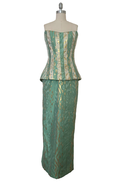 Front view of 1990s vintage strapless green, cream, and gold leopard brocade boned corset evening dress by Bob Mackie, extra extra small to extra small.