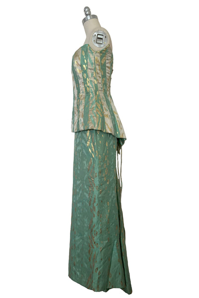 1990s Vintage Cream, Mint, & Gold Strapless Brocade Evening Gown by Bob Mackie, Extra Extra Small to Extra Small