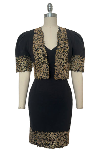 1990s Vintage Black Cotton and Gold Embroidered Dress and Jacket Set b – Leslie Courreges