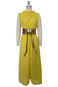 1960s Vintage Mod Yellow Cotton White Flocked Jumpsuit, Small to Medium
