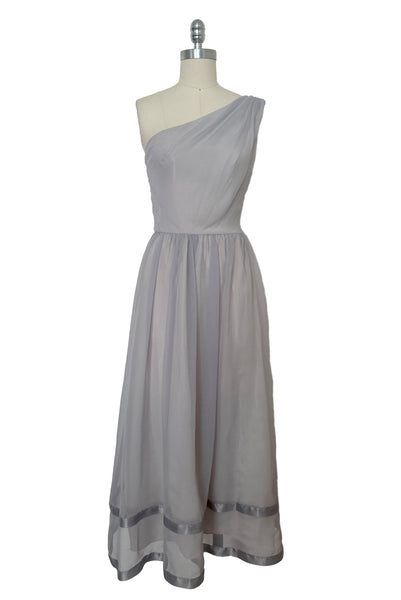 1960s Vintage Gray Chiffon One Shoulder Bridesmaids Dress & Bolero, Extra Small to Small