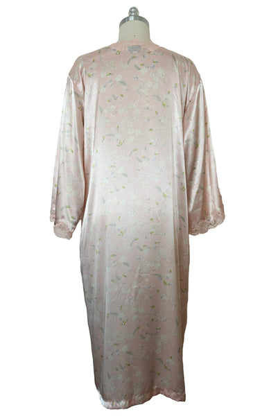 Back view of 1980s vintage pink and purple floral satin robe with pink lace trim by Valentino Intimo, size small medium large.