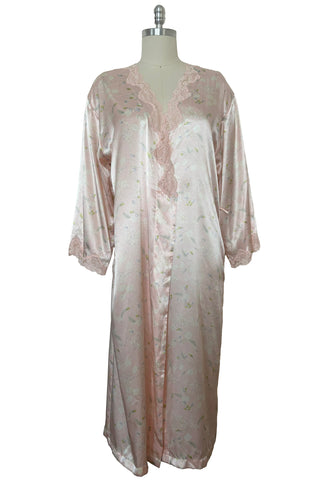 Front view of 1980s vintage pink and purple floral satin robe with pink lace trim by Valentino Intimo, size small medium large.
