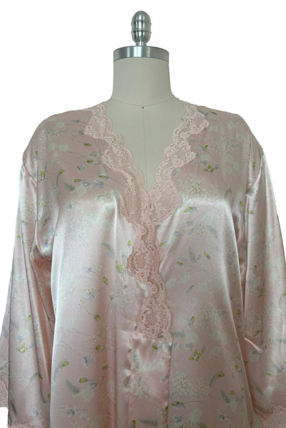 Bodice front view of 1980s vintage lace trimmed pink floral satin robe by Valentino Intimo, small, medium, large.