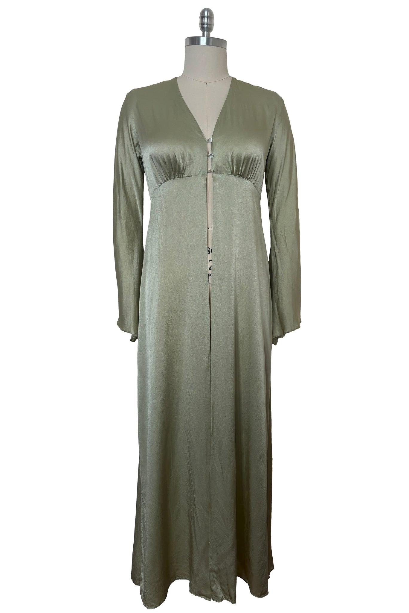 Front view of 2000s y2k vintage new with tags sage green silk charmeuse robe by Patricia Fieldwalker, size medium to large.
