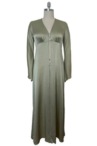 Front view of 2000s y2k vintage new with tags sage green silk charmeuse robe by Patricia Fieldwalker, size medium to large.