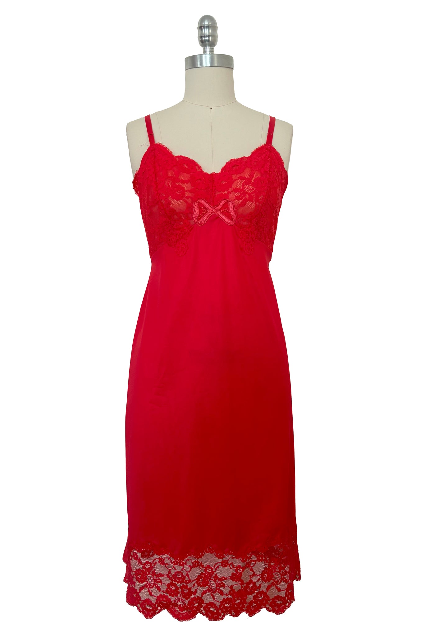 Front view of 1950s vintage crimson red nylon and lace full slip by Van Raalte, small to medium.
