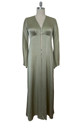 Front view of 2000s y2k vintage new with tags sage green silk charmeuse robe by Patricia Fieldwalker, size medium to large.