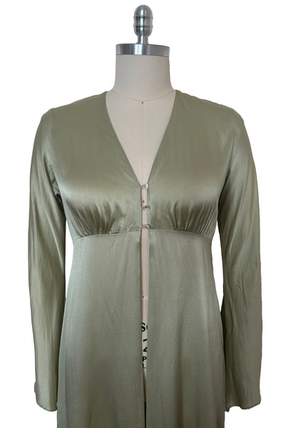 Bodice front view of 2000s y2k vintage new with tags sage green silk charmeuse robe by Patricia Fieldwalker, size medium to large.