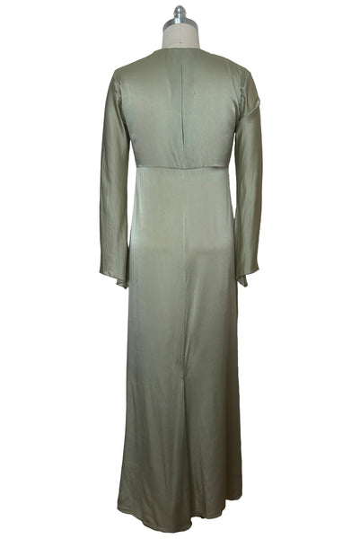 Back view of 2000s y2k vintage new with tags sage green silk charmeuse robe by Patricia Fieldwalker, size medium to large.