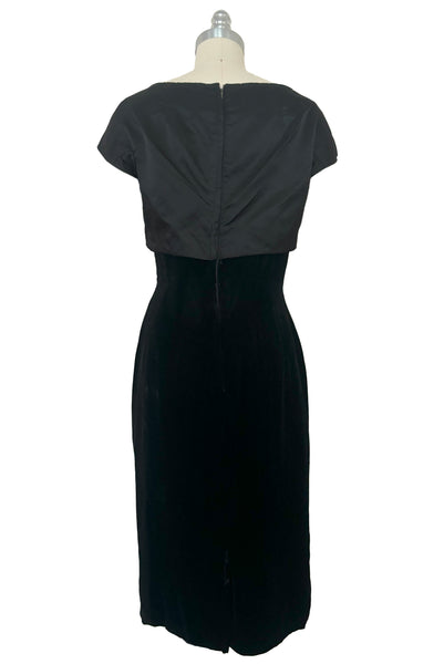 Back view of 1950s vintage black silk satin and velvet wiggle cocktail dress, by Nathan Strong, extra small to small.
