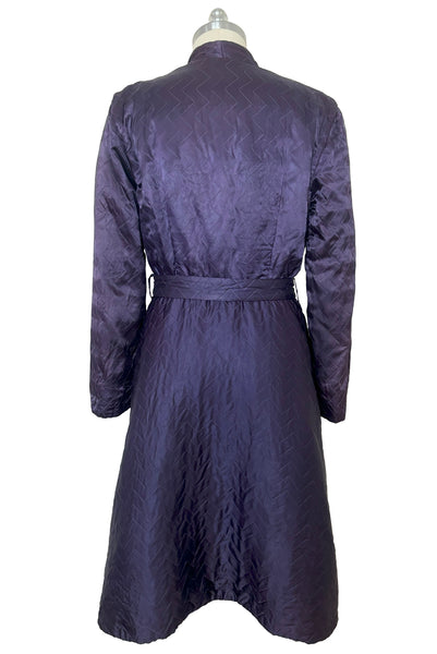 Back view of 1940s purple satin quilted robe with pink satin lining by Sandora, medium to large.