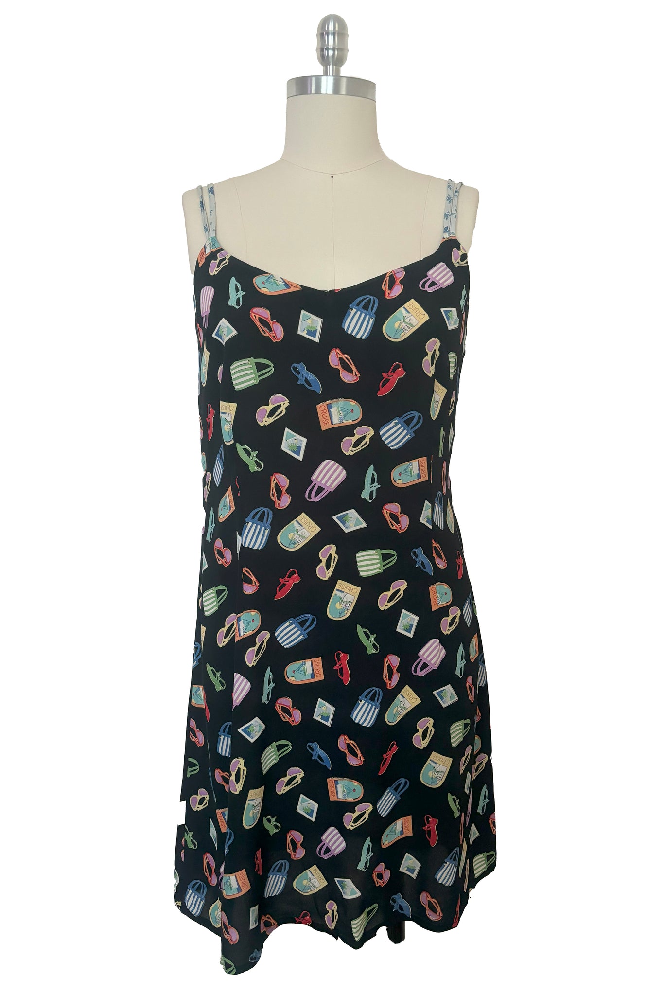 1990s Black Rayon Novelty Vacation Multicolor Print Slip Dress by Jenny Helene, Small to Medium